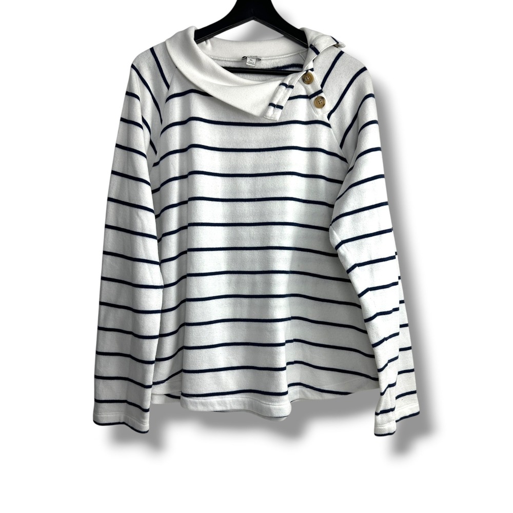J.Crew Sweatshirt Women XL White Navy Blue Striped Button Collar Fleece Pullover
